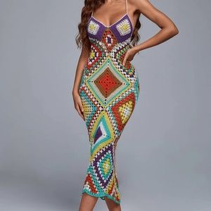 Geometric Boho Crochet Dress, Medium